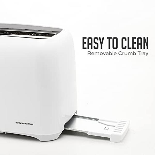 OVENTE Electric 2 Slice Toaster Machine with 6-Shade Browning Selector Setting, Compact Design and Removable Crumb Tray, 700W Power Perfect for Toasting Bread, Thin Bagels and Waff