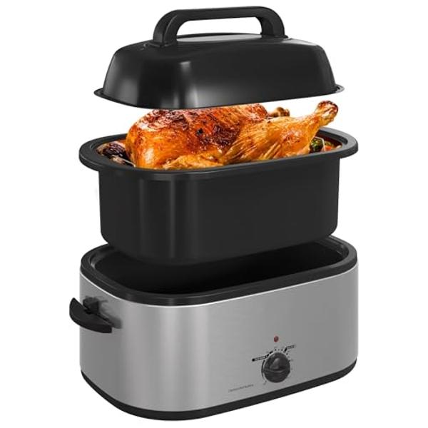 RoyalCraft 26-Quart Electric Roaster Oven with Visible Self-Basting Lid, Turkey Roaster Oven with Removable Pan and Rack, Perfect for Large Meals and Holiday Feasts, Silver