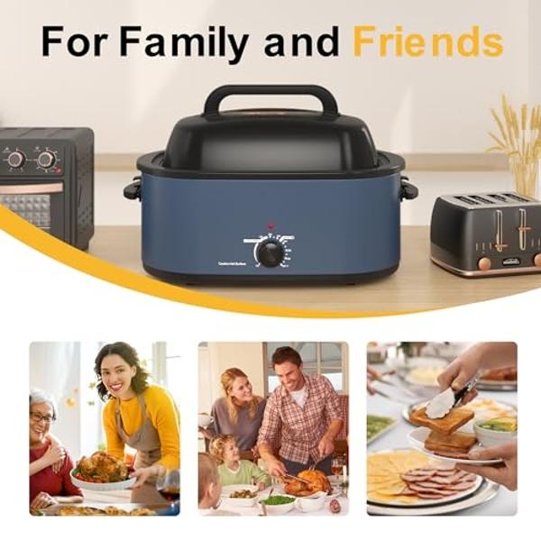 26QT Electric Roaster Oven, Electric Turkey Roaster with Viewing & Self-basting Lid, Stainless Steel Turkey Roaster Oven, Blue