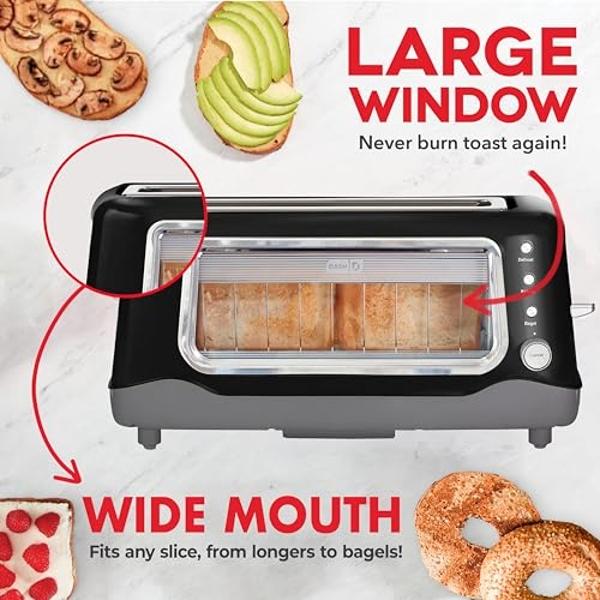 DASH Clear View Toaster - Compact Design with 7 Browning Levels & Clear-View Window, Extra-Wide Slot Large Toaster, 1-Touch Defrost, Reheat & Bagel Functions - Easy Clean Up Crumb 