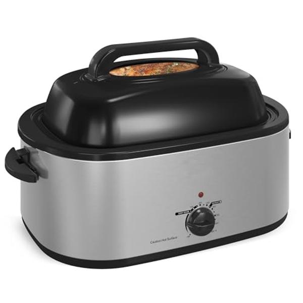Roaster Oven 24 Quart, Electric Roaster Oven with Viewing Lid, Electric Turkey Roaster Pan with Defrost & Warm Function, Fast-Heating Turkey Roaster with Removable Pan & Rack, Stai
