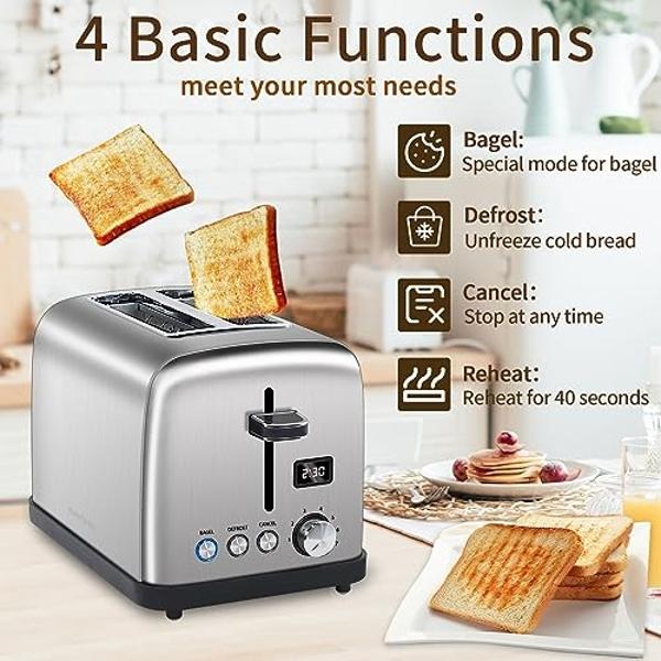 Chefman Smart Touch 4 Slice Digital Toaster, 6 Shade Settings, Stainless Steel Toaster 4 Slice with Extra-Wide Slots, Thick Bread Toaster and Bagel Toaster, 10, Defrost, Removable 