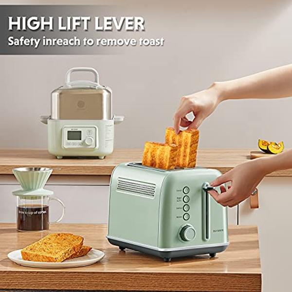 BUYDEEM DT620 2-Slice Toaster, Extra Wide Slots, Retro Stainless Steel with High Lift Lever, Bagel and Muffin Function, Removal Crumb Tray, 7-Shade Settings,Cozy Greenish