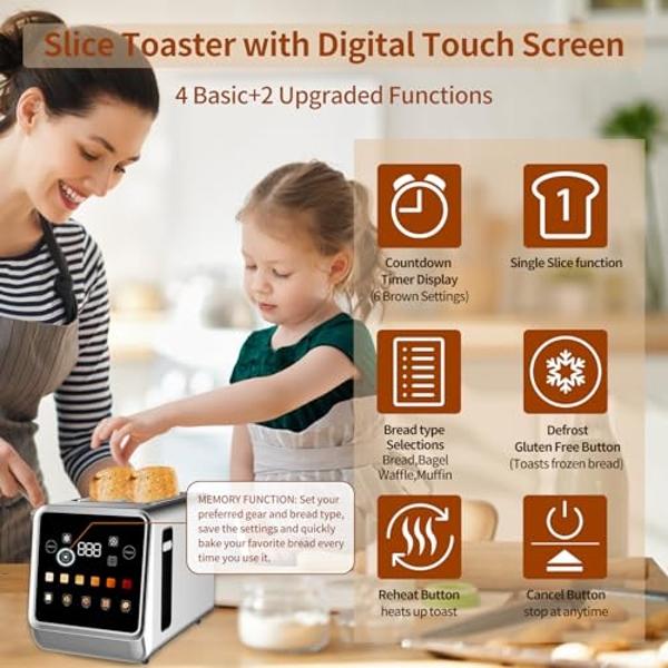 Toaster Touch Screen Toaster 2 Slice with LCD Display Stainless Steel Digital Timer Toaster 6 Bread Types& 6 Shade Settings Smart Extra Wide Slots Toaster With Bagel Cancel,Defrost