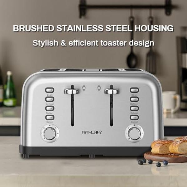 RAMJOY Toaster 4 Slice, Dual Independent Controls, Extra Wide Slot Toasters for Bagel, Bread, Waffles, 7 Shade Settings, 4 Main Functions, Removable Crumb Tray, 1500 Watts, Brushed