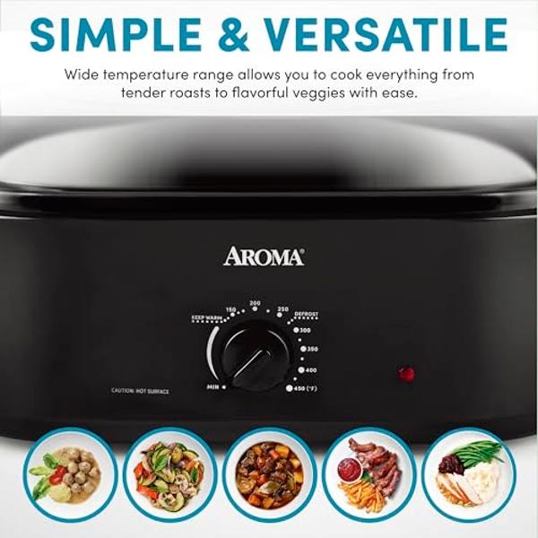 AROMA 18Qt. Roaster Oven with Self-Basting Lid, Fits 22-lb. Turkey, Adjustable Temperature Settings, Keep Warm Setting, Black (ART-718B)