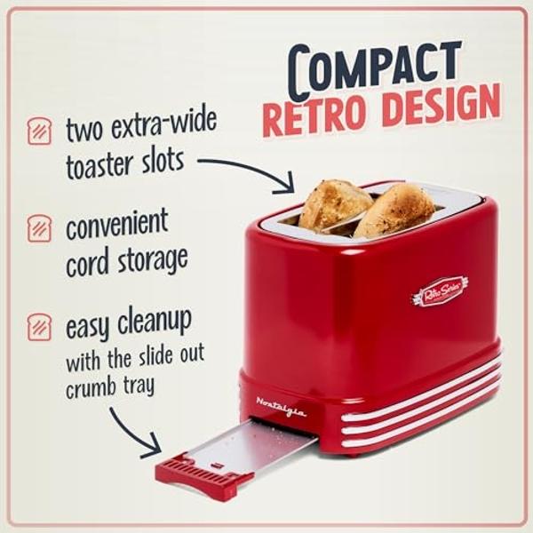 Nostalgia Retro Wide 2-Slice Toaster, Vintage Design With Crumb Tray, Cord Storage & 5 Toasting Levels, Red