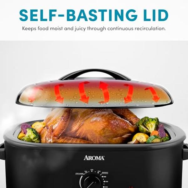 AROMA 18Qt. Roaster Oven with Self-Basting Lid, Fits 22-lb. Turkey, Adjustable Temperature Settings, Keep Warm Setting, Black (ART-718B)