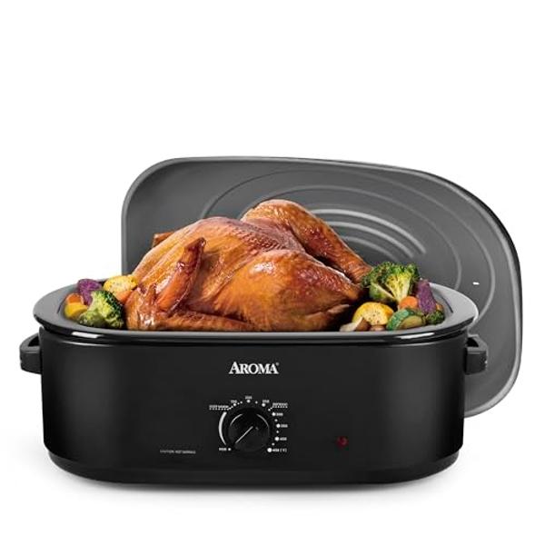 AROMA 18Qt. Roaster Oven with Self-Basting Lid, Fits 22-lb. Turkey, Adjustable Temperature Settings, Keep Warm Setting, Black (ART-718B)