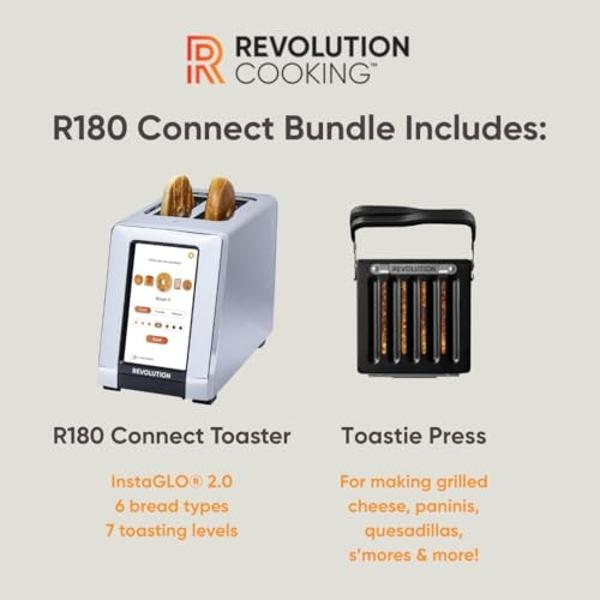 Revolution R180 Connect Smart Toaster + Toastie Press Bundle – Touchscreen, 2-Slice Wide Slot, InstaGLO Tech – Toast Bread, Bagels, Waffles, Muffins, Tortillas, Pastries – Stainles