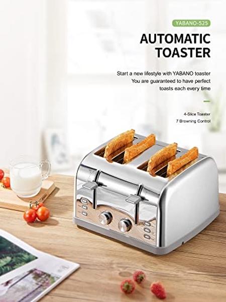 Toaster 4 Slice, Extra Wide Slots, Stainless Steel with High Lift Lever, Bagel and Muffin Function, Removal Crumb Tray, 7-Shade Settings with Warming Rack, Silver, Yabano