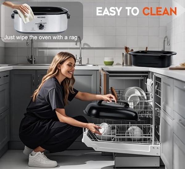 NECERO Roaster Oven, 24Qt Electric Roaster Oven with Visible Glass Lid, Electric Turkey Roaster pan with Removable Pan & Rack Full Range Temperature ControlFits Turkeys, Slow Cooke