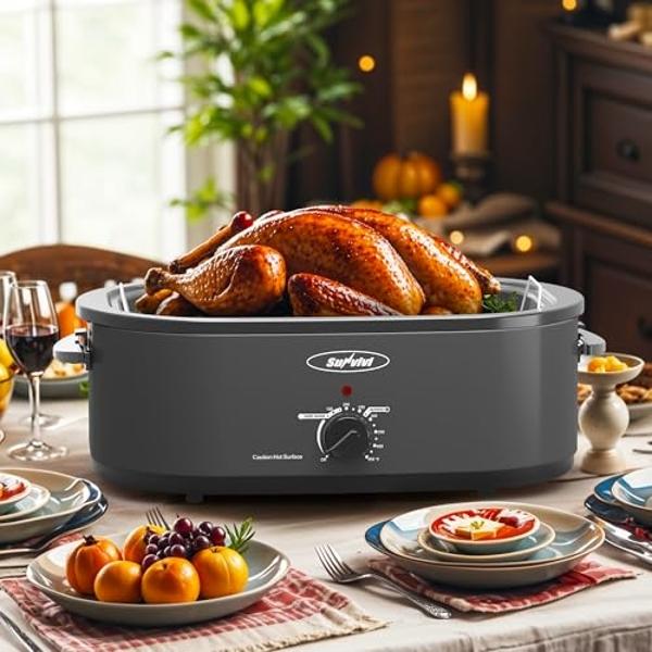 RoyalCraft 26-Quart Electric Roaster Oven with Visible Self-Basting Lid, Turkey Roaster Oven with Removable Pan and Rack, Perfect for Large Meals and Holiday Feasts, Silver