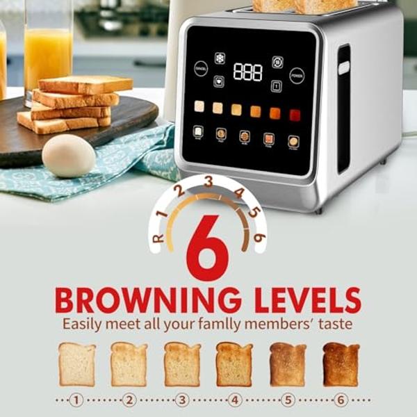 Toaster Touch Screen Toaster 2 Slice with LCD Display Stainless Steel Digital Timer Toaster 6 Bread Types& 6 Shade Settings Smart Extra Wide Slots Toaster With Bagel Cancel,Defrost