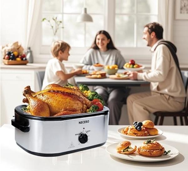 NECERO Roaster Oven, 24Qt Electric Roaster Oven with Visible Glass Lid, Electric Turkey Roaster pan with Removable Pan & Rack Full Range Temperature ControlFits Turkeys, Slow Cooke