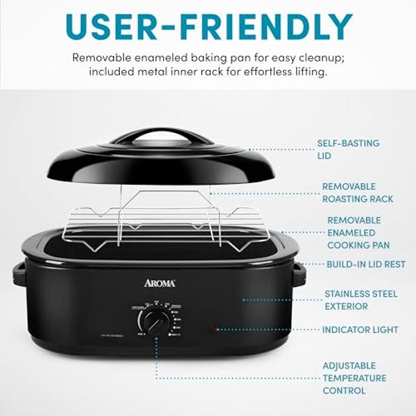 AROMA 18Qt. Roaster Oven with Self-Basting Lid, Fits 22-lb. Turkey, Adjustable Temperature Settings, Keep Warm Setting, Black (ART-718B)
