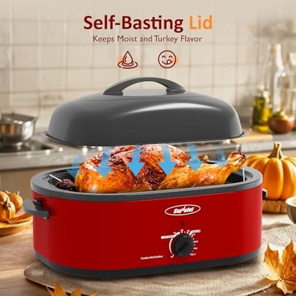 Sunvivi Electric Roaster,20 Quart Roasting Oven with Self-Basting Lid Removable Pan,Turkey Roaster Oven with 150 to 450F Temperature Control Cool-Touch Handles,Red