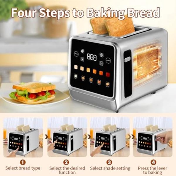 Toaster Touch Screen Toaster 2 Slice with LCD Display Stainless Steel Digital Timer Toaster 6 Bread Types& 6 Shade Settings Smart Extra Wide Slots Toaster With Bagel Cancel,Defrost