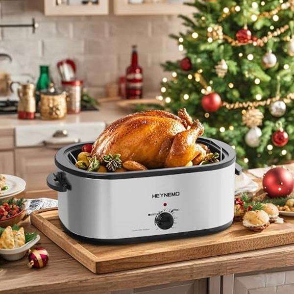 Electric Roaster Oven 26 Quart, Electric Turkey Roaster with Viewing & Self-basting Lid, Large Roaster Pan with Defrost & Warm Function, Stainless Steel Turkey Roaster Oven, Silver