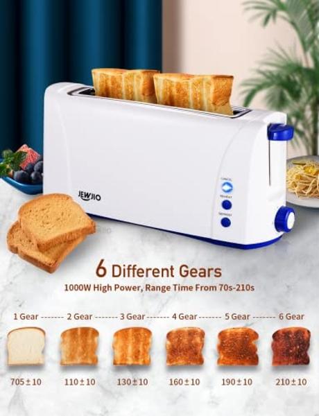 JEWJIO Long Slot White Toaster 2 Slice With Blue Buttom, 1.5”Wide Slot Slim 2 Slice Toaster, One Long Slot Toaster with Defrost/Reheat/Cancel/6 Bread Shade/Removable Tray, Storage 