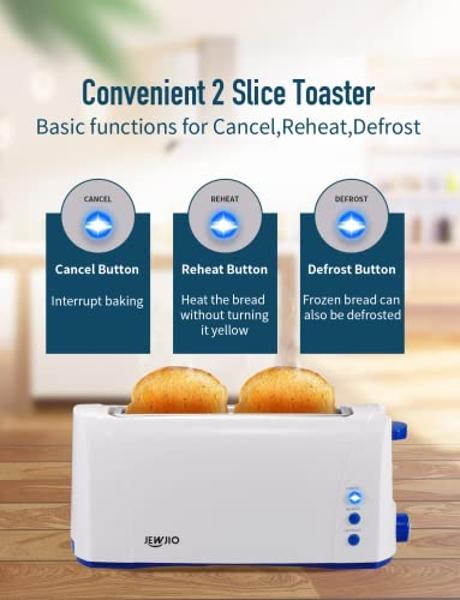 JEWJIO Long Slot White Toaster 2 Slice With Blue Buttom, 1.5”Wide Slot Slim 2 Slice Toaster, One Long Slot Toaster with Defrost/Reheat/Cancel/6 Bread Shade/Removable Tray, Storage 