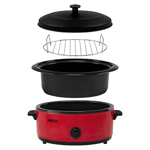 NESCO 4816-12, Roaster Oven with Porcelain Cookwell, Red, 6 quart, 750 watts