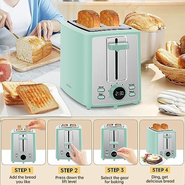 Chefman Smart Touch 4 Slice Digital Toaster, 6 Shade Settings, Stainless Steel Toaster 4 Slice with Extra-Wide Slots, Thick Bread Toaster and Bagel Toaster, 10, Defrost, Removable 