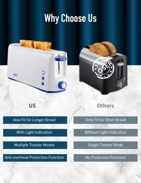 JEWJIO Long Slot White Toaster 2 Slice With Blue Buttom, 1.5”Wide Slot Slim 2 Slice Toaster, One Long Slot Toaster with Defrost/Reheat/Cancel/6 Bread Shade/Removable Tray, Storage 
