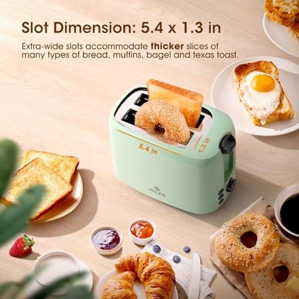 iSiLER 2 Slice Toaster, 1.3 Inches Wide Slot Bagel Toaster with 7 Shade Settings and Double Side Baking, Removable Crumb Tray, Defrost Cancel Function Green