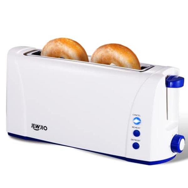 JEWJIO Long Slot White Toaster 2 Slice With Blue Buttom, 1.5”Wide Slot Slim 2 Slice Toaster, One Long Slot Toaster with Defrost/Reheat/Cancel/6 Bread Shade/Removable Tray, Storage 