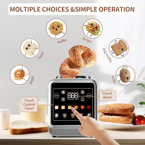 Toaster Touch Screen Toaster 2 Slice with LCD Display Stainless Steel Digital Timer Toaster 6 Bread Types& 6 Shade Settings Smart Extra Wide Slots Toaster With Bagel Cancel,Defrost
