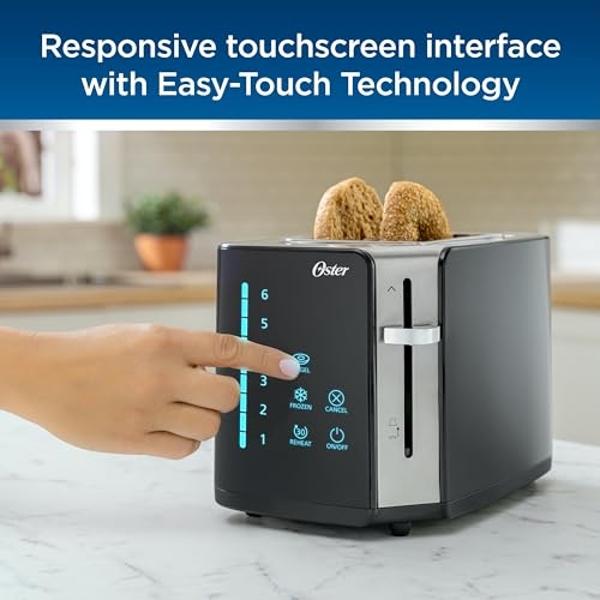 Oster 4 Slice Touchscreen Toaster, Digital Countdown Timer, 6 Shade Settings, Easy Touch Technology, Bagel/Reheat/Frozen Modes, Stainless Steel
