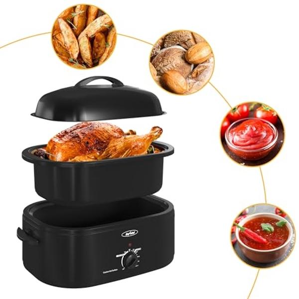 Sunvivi 20-Quart Roaster Oven with Self-Basting Lid, Electric Turkey Roaster Oven with Removable Pan and Rack, Stainless Steel, Black