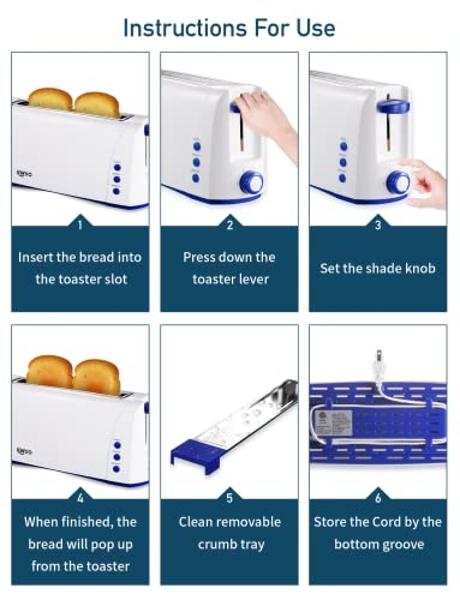 JEWJIO Long Slot White Toaster 2 Slice With Blue Buttom, 1.5”Wide Slot Slim 2 Slice Toaster, One Long Slot Toaster with Defrost/Reheat/Cancel/6 Bread Shade/Removable Tray, Storage 