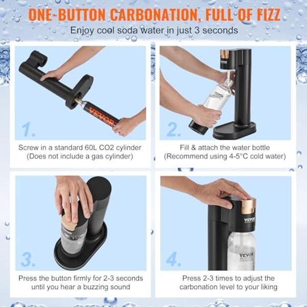 VEVOR Sparkling Water Maker, Soda Maker Machine for Home Carbonating, Seltzer Water Starter Kit with BPA free 1L PET Bottle, Compatible with Mainstream Screw-in 60L CO2 Cylinder(NO