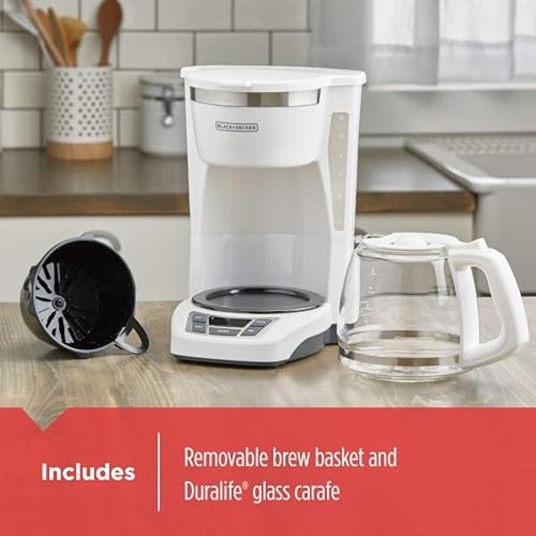BLACK+DECKER 12-Cup Digital Coffee Maker, CM1160W, Programmable, Washable Basket Filter, Sneak-A-Cup, Auto Brew, Water Window, Keep Hot Plate, White