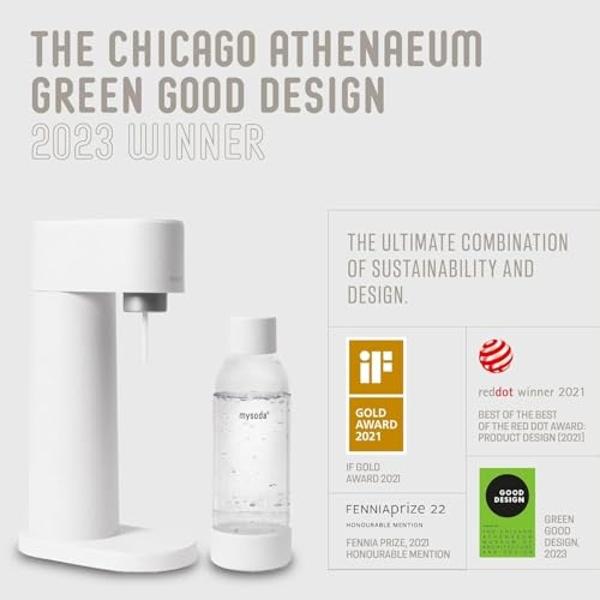 Mysoda Woody Sparkling Water Maker - Silent Carbonated Water Machine Made of Renewable Wood Composite and 1L Water Bottle - Without CO2 Cylinder - Seltzer Maker Machine - Colour Wh
