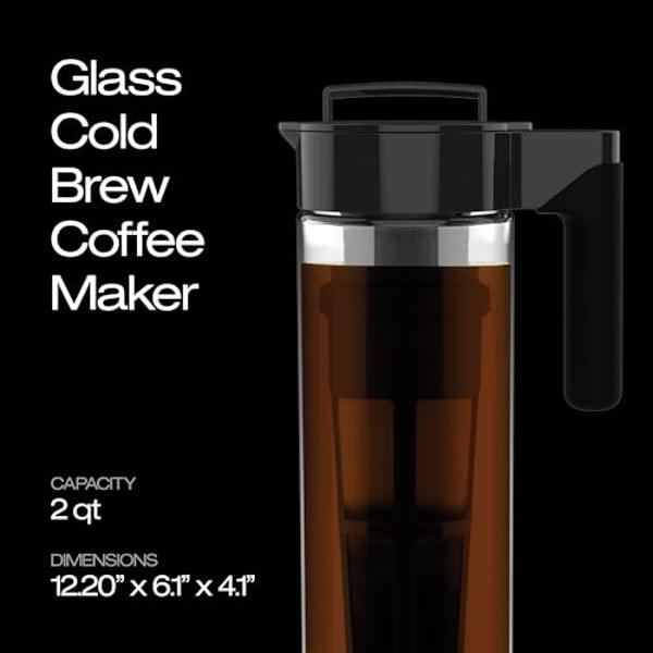 Takeya Glass Cold Brew Coffee Maker for Iced Coffee, Airtight Pitcher, Premium Quality, 2 Quart, Black Lid and Handle