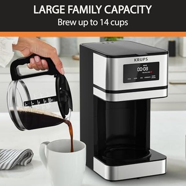 KRUPS 14 Cup Programmable Coffee Maker: Stainless Steel Design, Digital Display, 3 Brew Strengths, 4-Hour Keep Warm Function, and Dishwasher-Safe Parts for Effortless Coffee Making