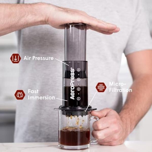 AeroPress Clear Black Coffee Press – 3 In 1 Brew Method Combines French Press, Espresso, Full Bodied Coffee Without Grit or Bitterness, Small Portable Coffee Maker for Camping & Tr