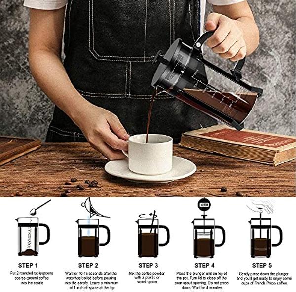 QUQIYSO French Press Coffee Maker 34oz 304 Stainless Steel French Press with 4 Filter, Heat Resistant Durable, Easy to Clean, Borosilicate Glass Coffee Press, 100% BPA Free Glass T