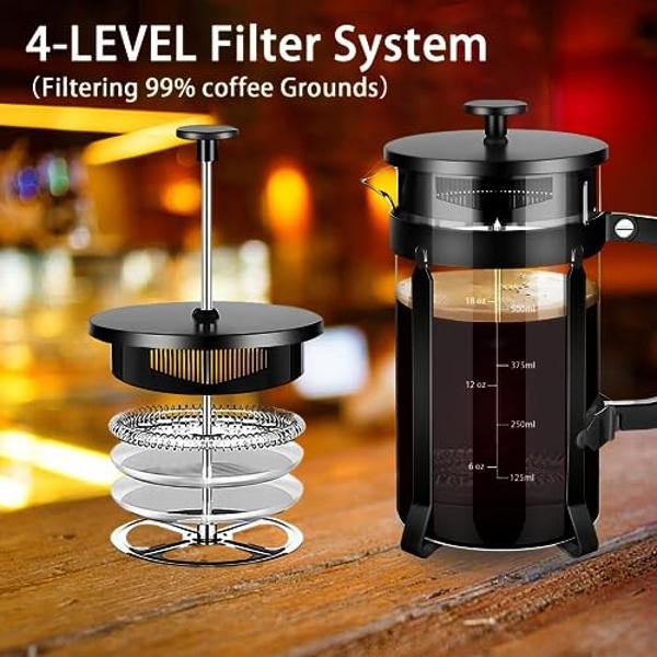 YMMIND French Press Coffee Maker 304 Stainless Steel Coffee Press,with 4 Filters System, Heat Resistant Thickness Borosilicate French Press Glass, BPA-Free Brewed Tea Pot Coffee Pl