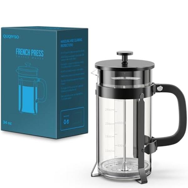 QUQIYSO French Press Coffee Maker 34oz 304 Stainless Steel French Press with 4 Filter, Heat Resistant Durable, Easy to Clean, Borosilicate Glass Coffee Press, 100% BPA Free Glass T