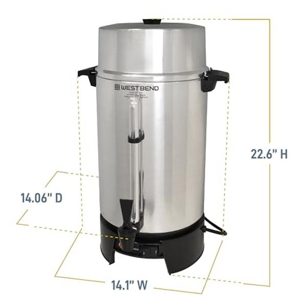 West Bend 33600 Coffee Urn Commercial Highly-Polished Aluminum NSF Approved Features Automatic Temperature Control Large Capacity with Fast Brewing and Easy Clean Up, 100-Cup, Silv