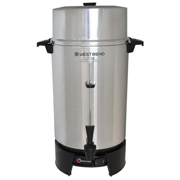 West Bend 33600 Coffee Urn Commercial Highly-Polished Aluminum NSF Approved Features Automatic Temperature Control Large Capacity with Fast Brewing and Easy Clean Up, 100-Cup, Silv