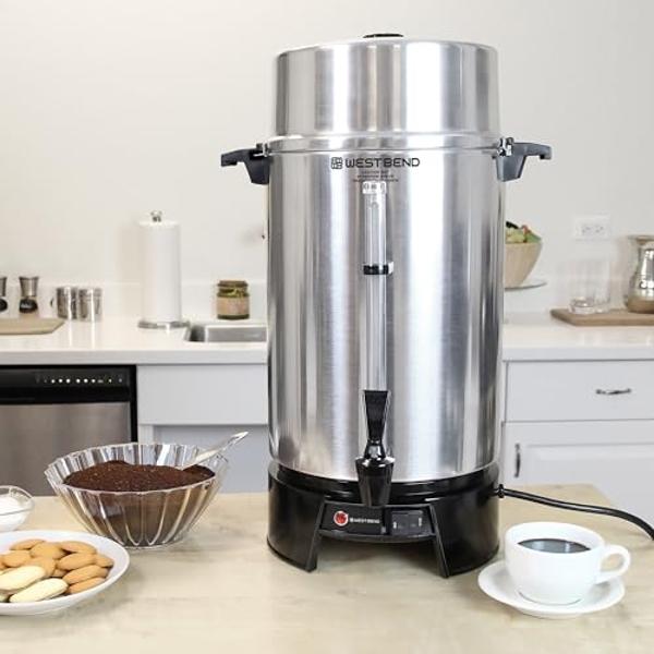 West Bend 33600 Coffee Urn Commercial Highly-Polished Aluminum NSF Approved Features Automatic Temperature Control Large Capacity with Fast Brewing and Easy Clean Up, 100-Cup, Silv