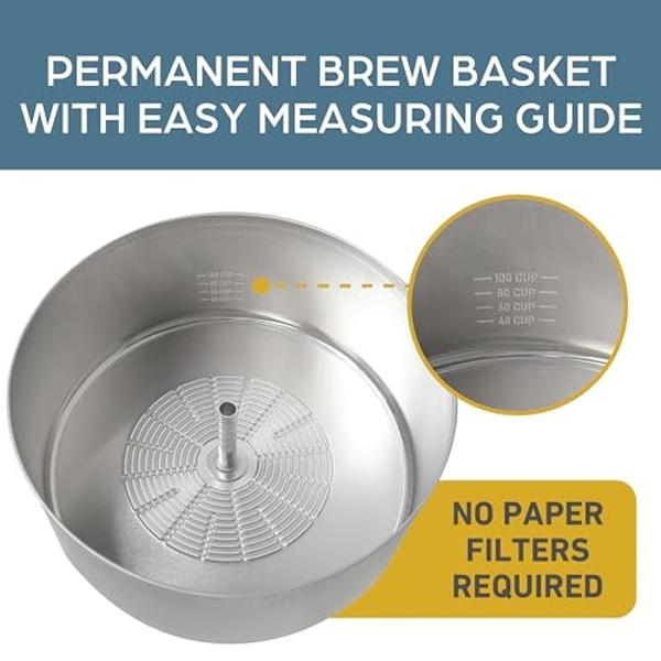 West Bend 33600 Coffee Urn Commercial Highly-Polished Aluminum NSF Approved Features Automatic Temperature Control Large Capacity with Fast Brewing and Easy Clean Up, 100-Cup, Silv