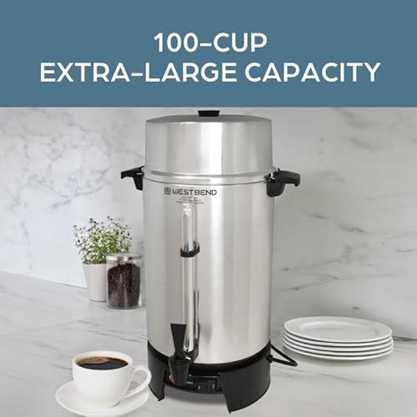 West Bend 33600 Coffee Urn Commercial Highly-Polished Aluminum NSF Approved Features Automatic Temperature Control Large Capacity with Fast Brewing and Easy Clean Up, 100-Cup, Silv