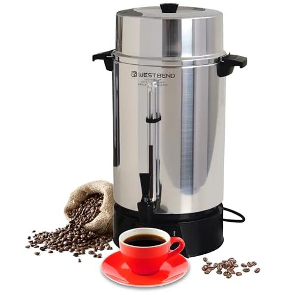 West Bend 33600 Coffee Urn Commercial Highly-Polished Aluminum NSF Approved Features Automatic Temperature Control Large Capacity with Fast Brewing and Easy Clean Up, 100-Cup, Silv