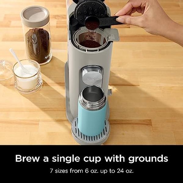 Ninja Pods & Grounds Single-Serve Coffee Maker, K-Cup Pod Compatible, Brews Grounds, Compact Design, 56-oz. Reservoir, 6-oz. Cup to 24-oz. Travel Mug Brew Sizes, Iced Coffee Maker,